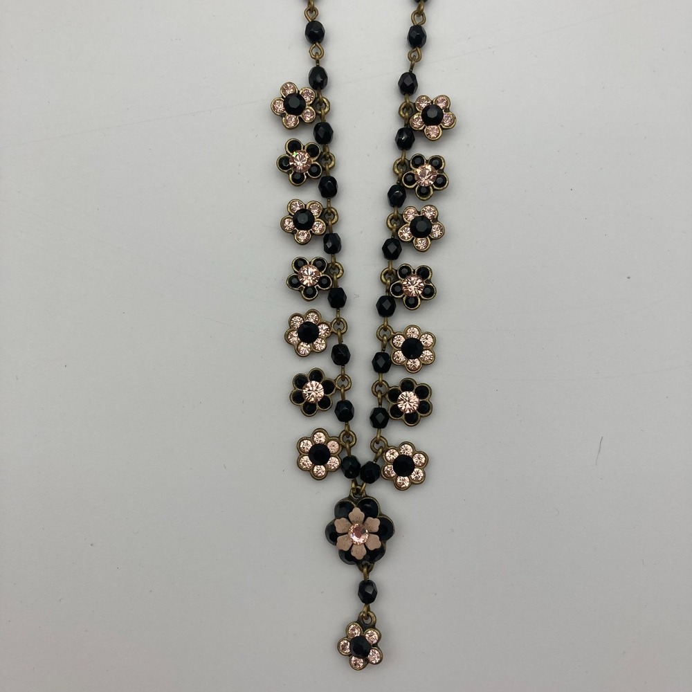 Vtg Michal Negrin Black Pink Beaded Floral Daisy Chain Choker Crystal Accents